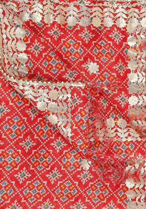 Women Red And Blue Printed Dupatta With Gotta Patti