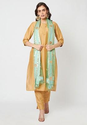 Sea Green And Gold Toned Embroidered Organza Dupatta