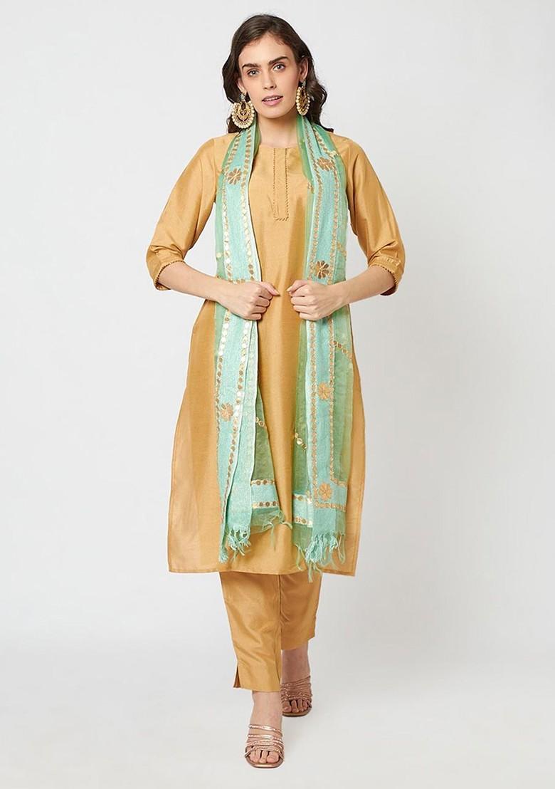 Sea Green And Gold Toned Embroidered Organza Dupatta