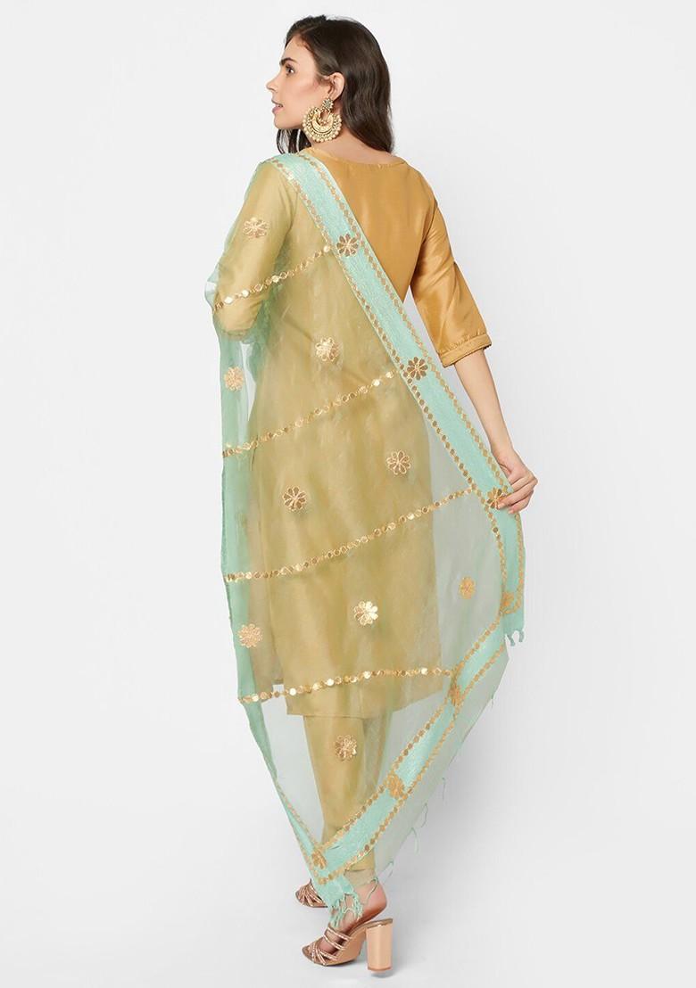 Sea Green And Gold Toned Embroidered Organza Dupatta