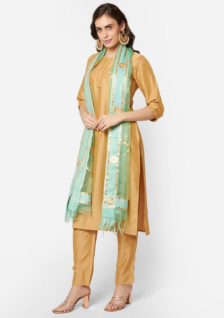 Sea Green And Gold Toned Embroidered Organza Dupatta