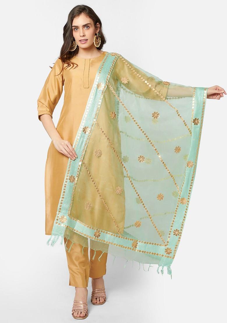 Sea Green And Gold Toned Embroidered Organza Dupatta