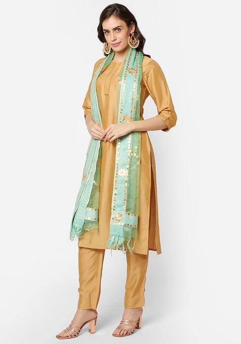 Sea Green And Gold Toned Embroidered Organza Dupatta