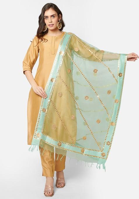 Sea Green And Gold Toned Embroidered Organza Dupatta