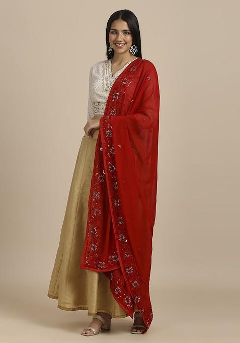 Embroidered Dupatta With Beads And Stones