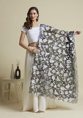 Butterfly And Floral Embroidered Thread Work Organza Dupatta