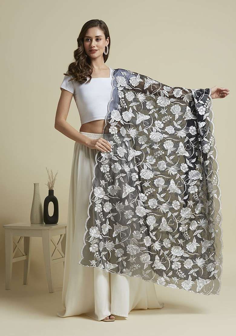 Butterfly And Floral Embroidered Thread Work Organza Dupatta - Indya