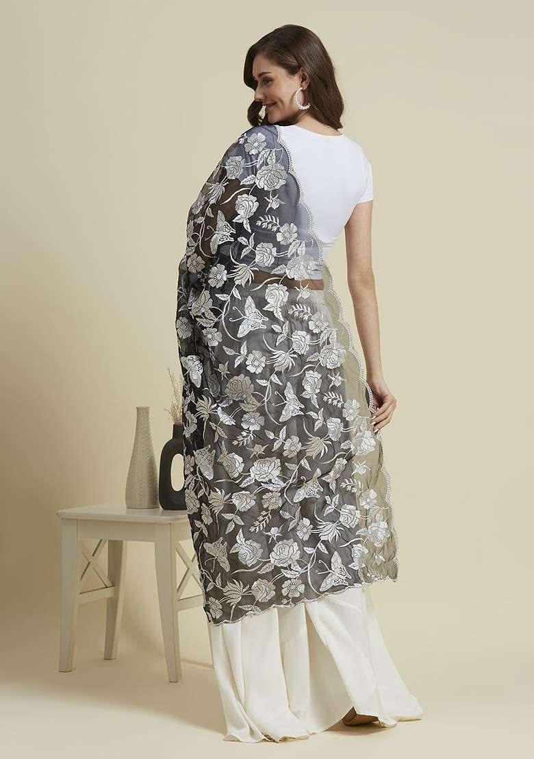 Butterfly And Floral Embroidered Thread Work Organza Dupatta - Indya