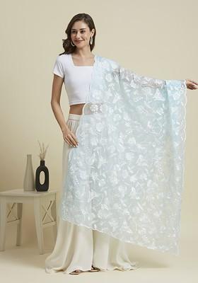 Butterfly And Floral Embroidered Thread Work Organza Dupatta