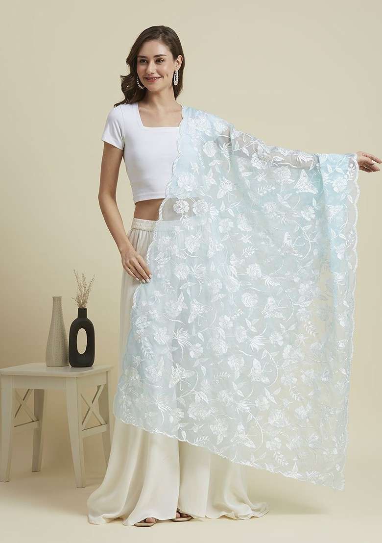 Butterfly And Floral Embroidered Thread Work Organza Dupatta - Indya