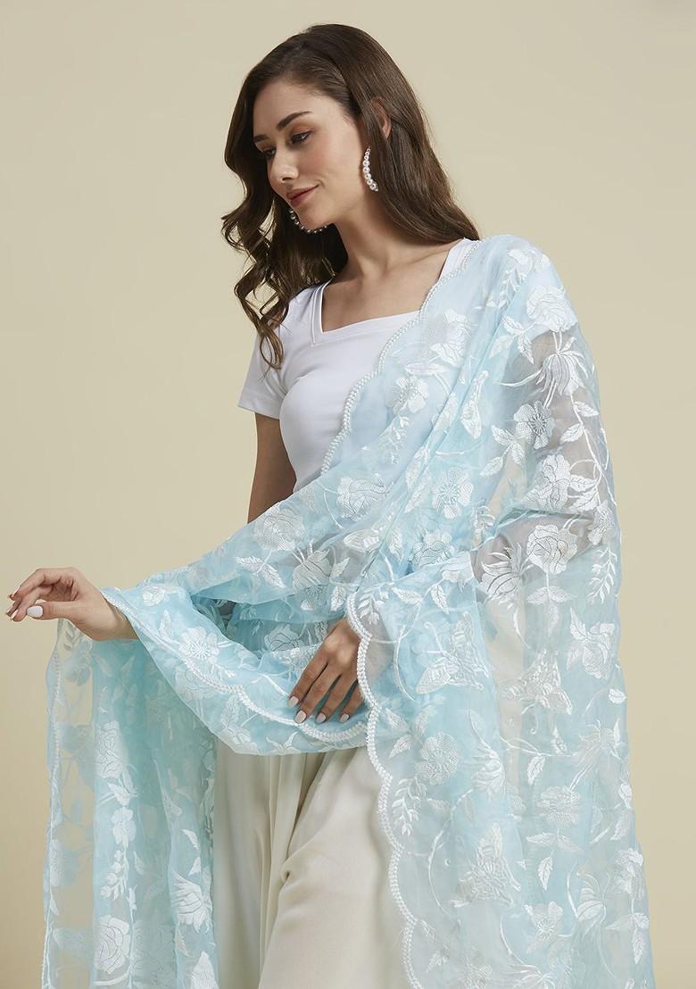 Butterfly And Floral Embroidered Thread Work Organza Dupatta