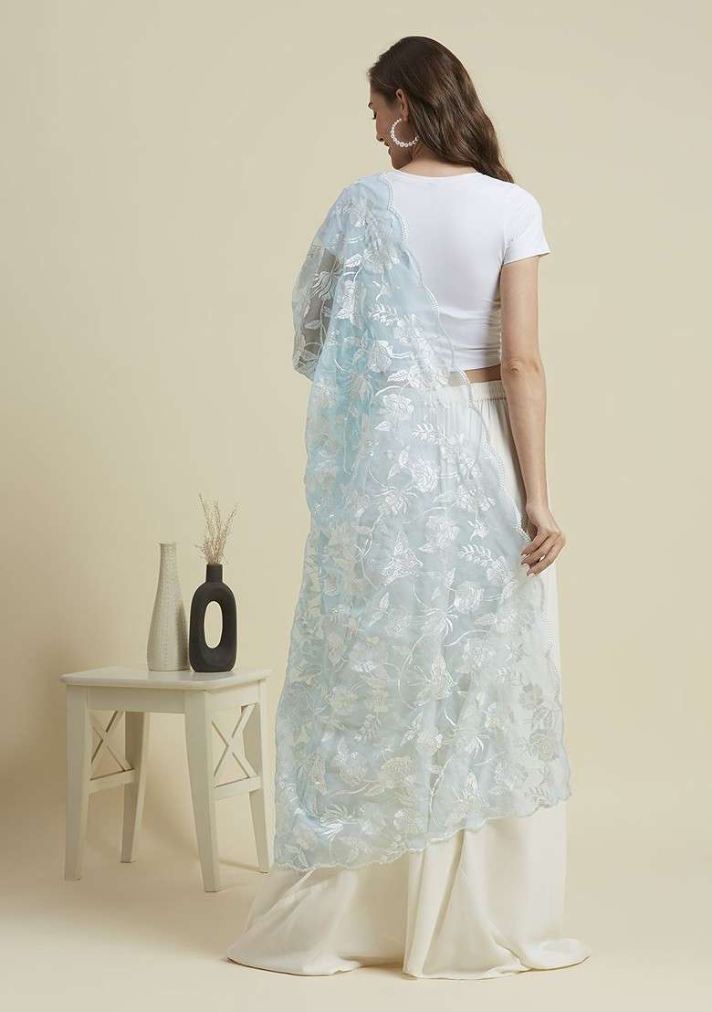 Butterfly And Floral Embroidered Thread Work Organza Dupatta - Indya