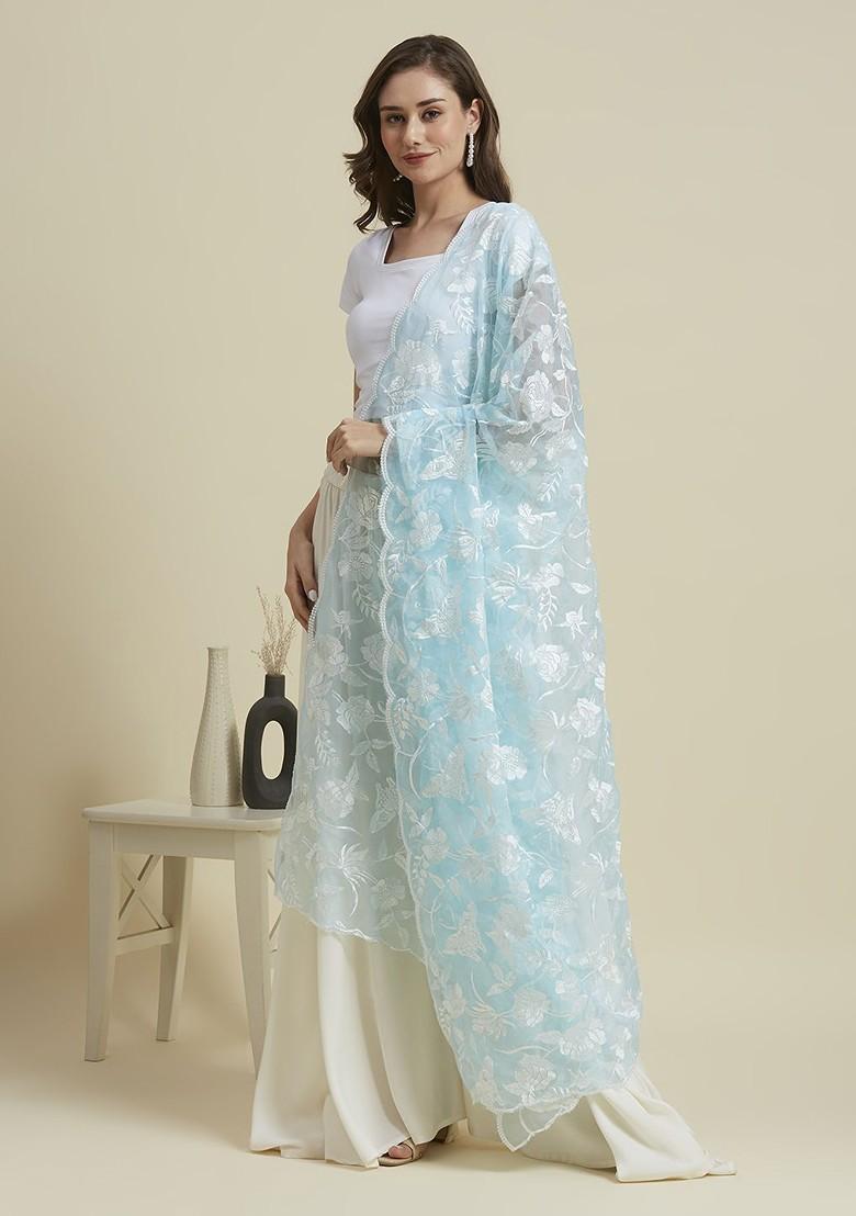 Butterfly And Floral Embroidered Thread Work Organza Dupatta
