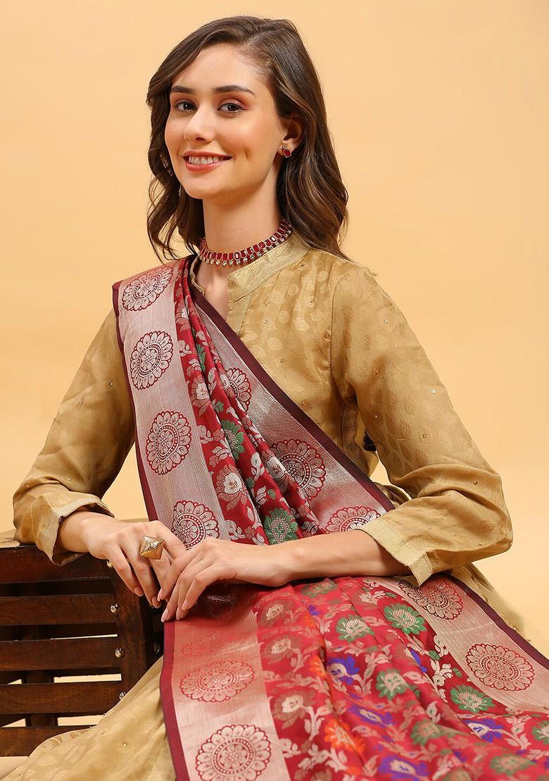 Ethnic Motifs Woven Design Banarasi Silk Dupatta With Zari