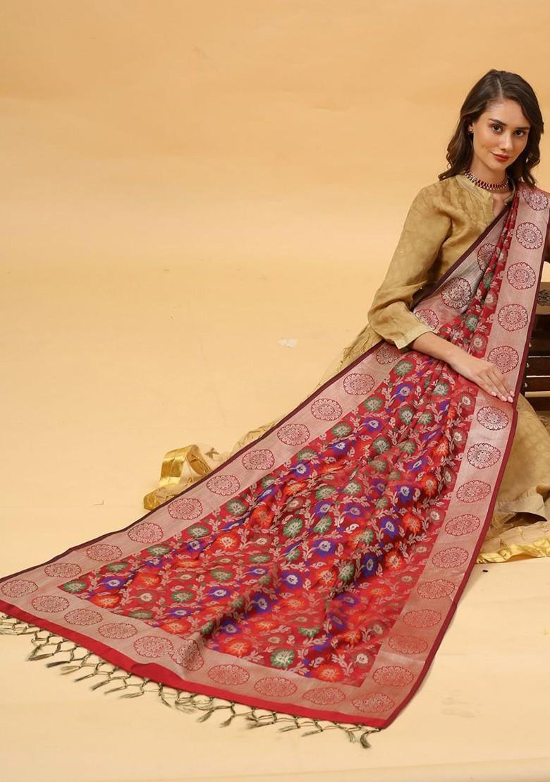 Ethnic Motifs Woven Design Banarasi Silk Dupatta With Zari
