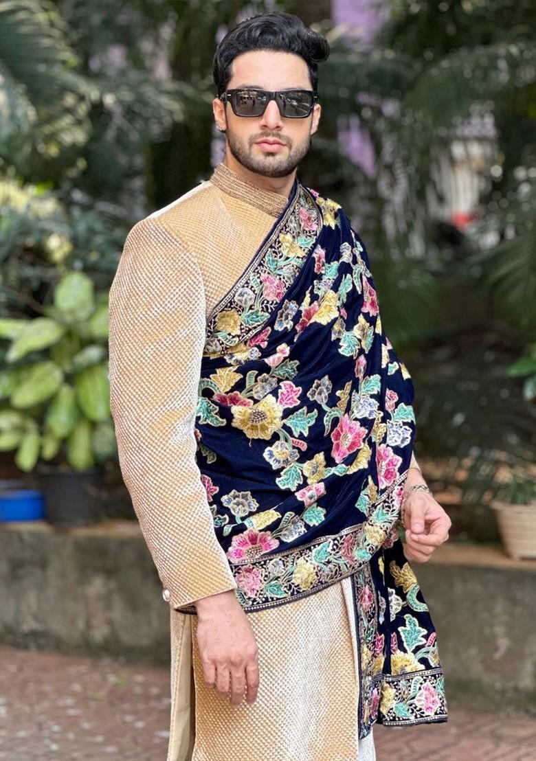 Men Black And Multicoloured Embroidered Velvet Dupatta With Sequinned