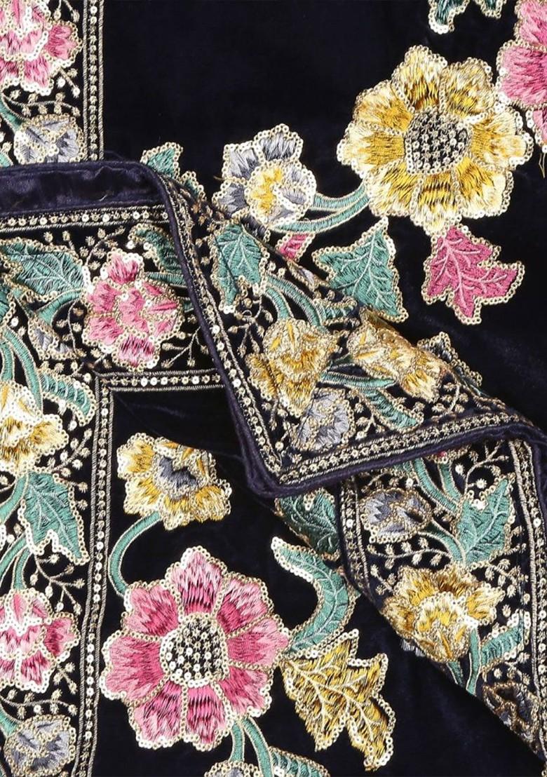 Men Black And Multicoloured Embroidered Velvet Dupatta With Sequinned