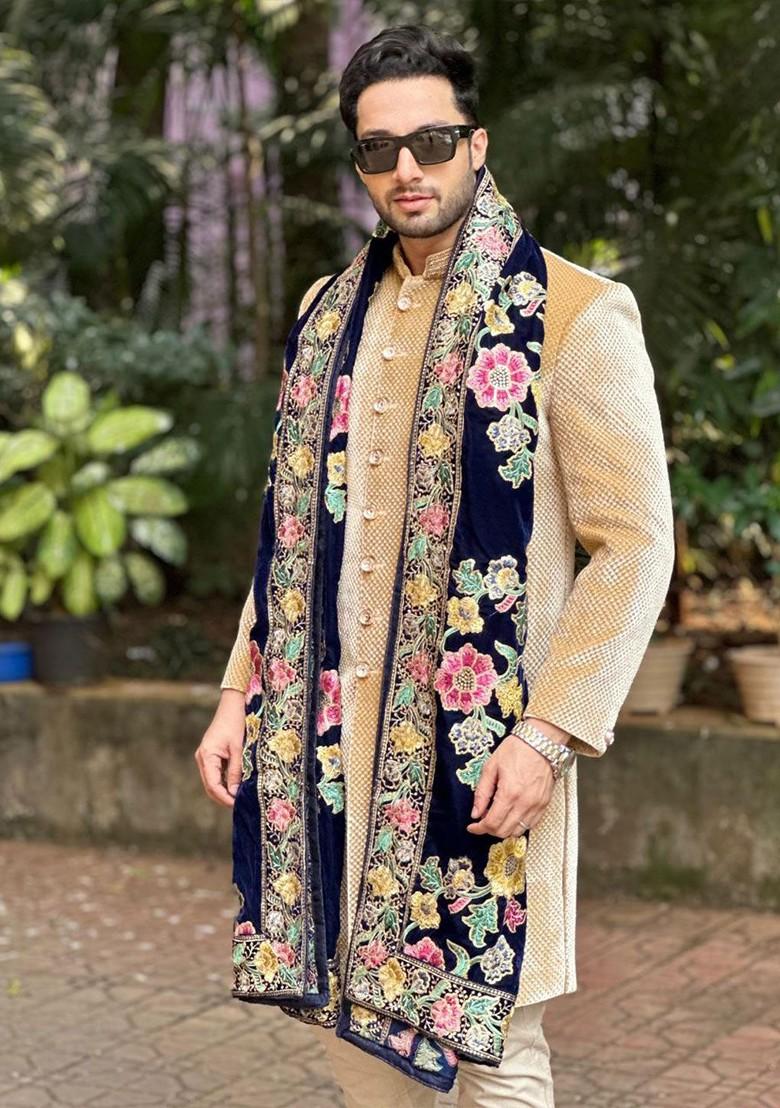 Men Black And Multicoloured Embroidered Velvet Dupatta With Sequinned