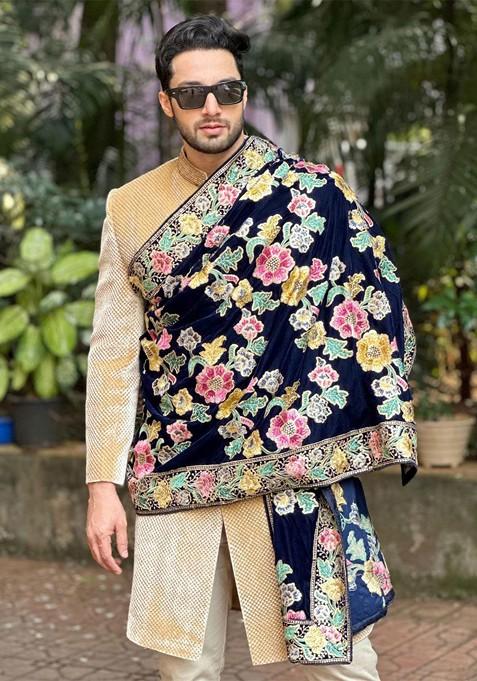 Men Black And Multicoloured Embroidered Velvet Dupatta With Sequinned
