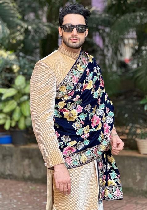 Men Black And Multicoloured Embroidered Velvet Dupatta With Sequinned