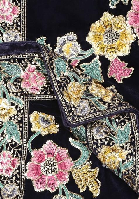 Men Black And Multicoloured Embroidered Velvet Dupatta With Sequinned