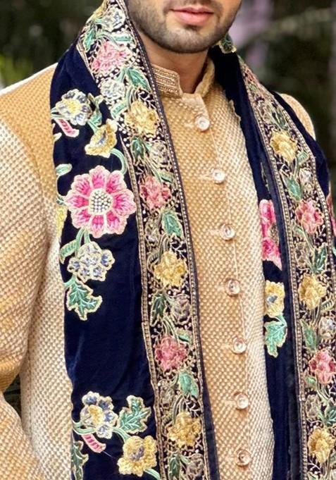 Men Black And Multicoloured Embroidered Velvet Dupatta With Sequinned