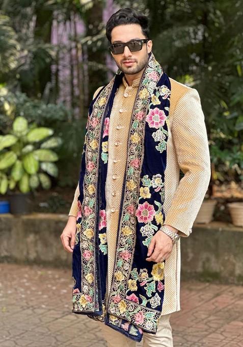Men Black And Multicoloured Embroidered Velvet Dupatta With Sequinned