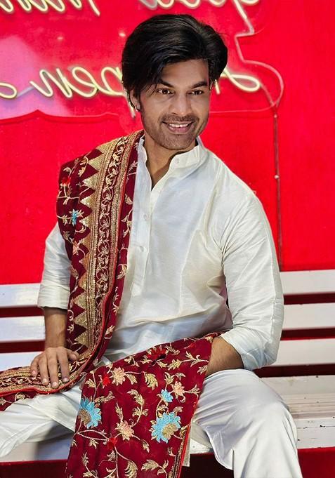 Men Maroon And Gold Toned Embroidered Dupatta With Sequinned