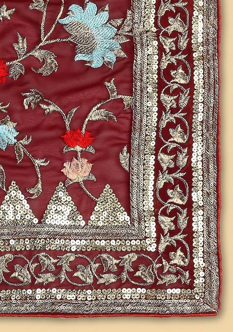 Men Maroon And Gold Toned Embroidered Dupatta With Sequinned