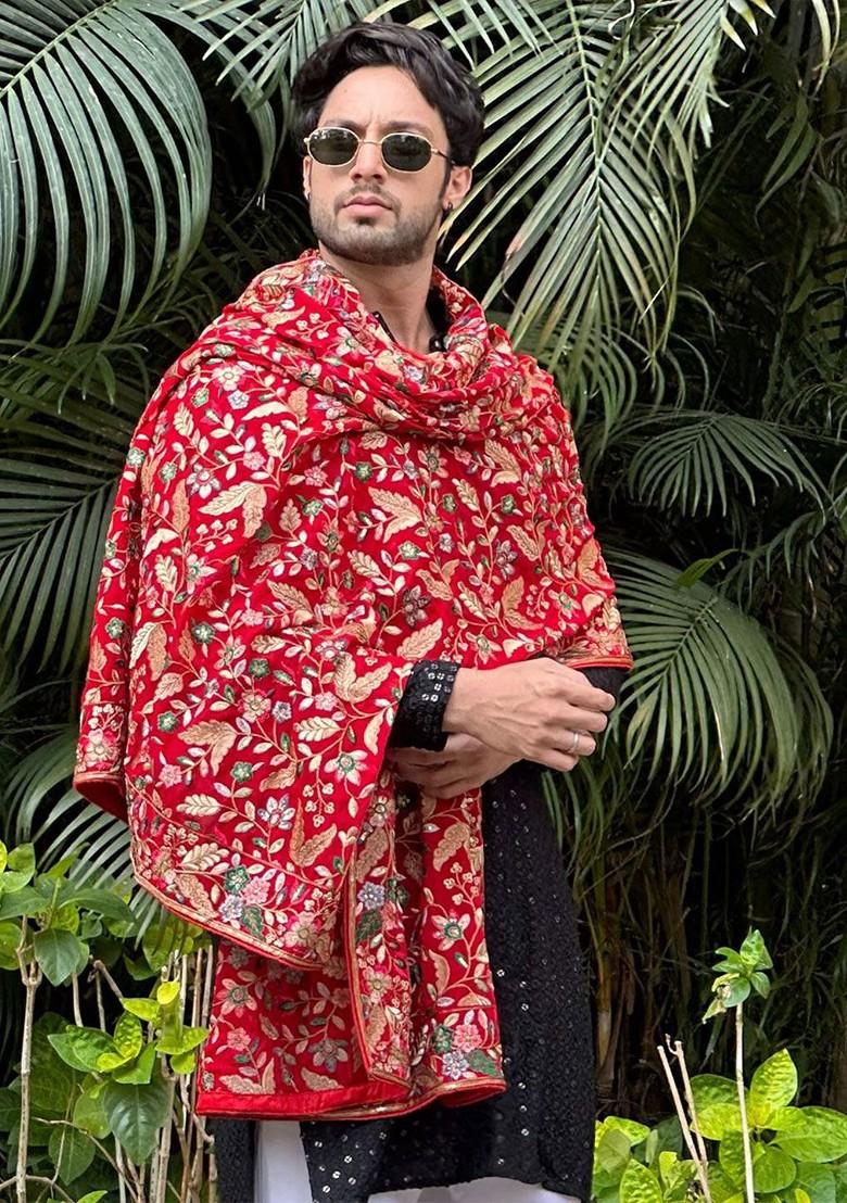 Men Floral Embroidered Sequinned Georgette Dupatta