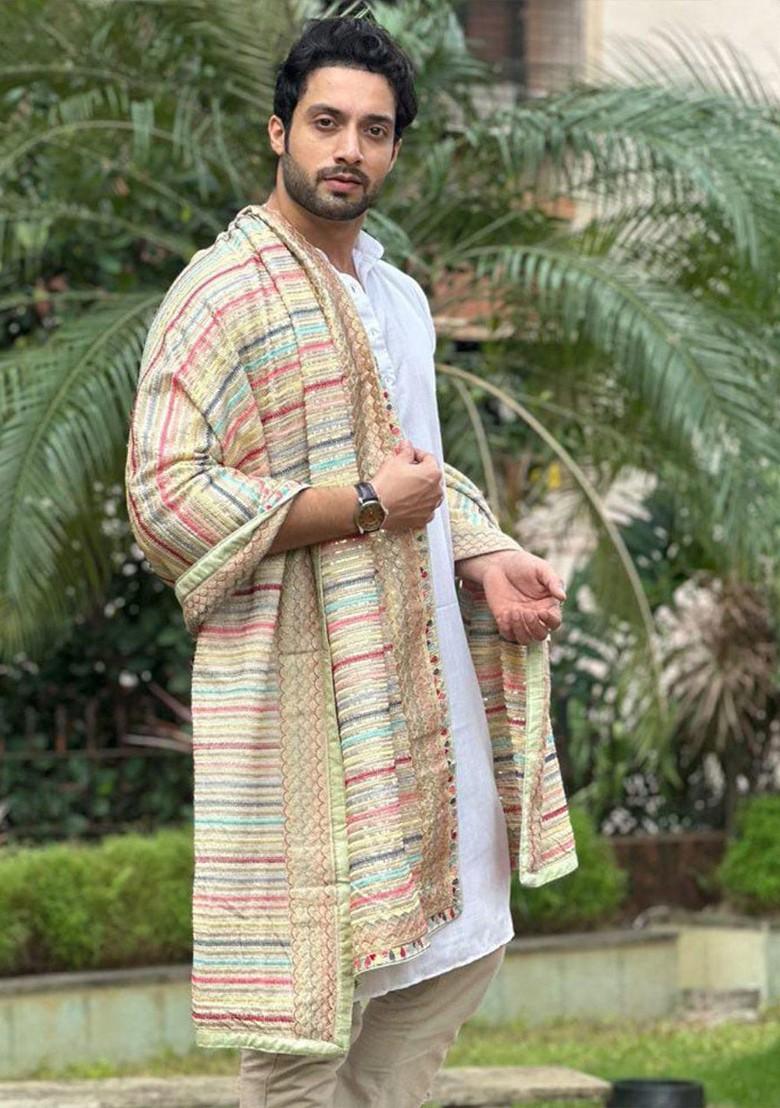 Men Striped Embroidered Sequinned Georgette Dupatta