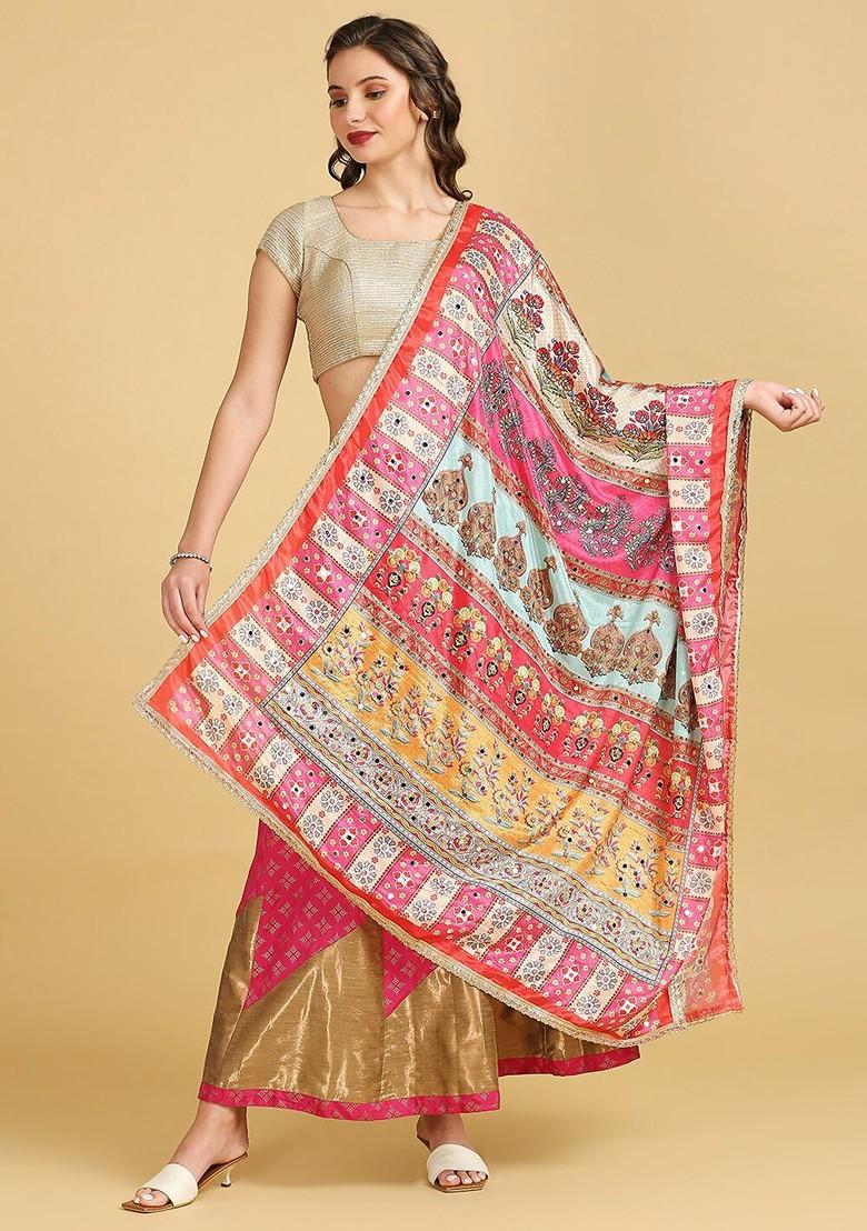 Ethnic Motifs Printed Mirror Work Detailed Chinon Dupatta