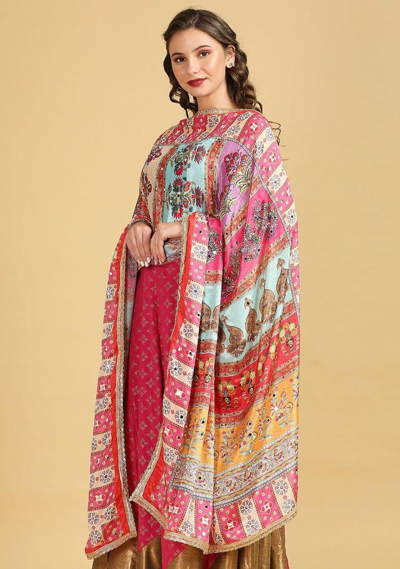 Ethnic Motifs Printed Mirror Work Detailed Chinon Dupatta