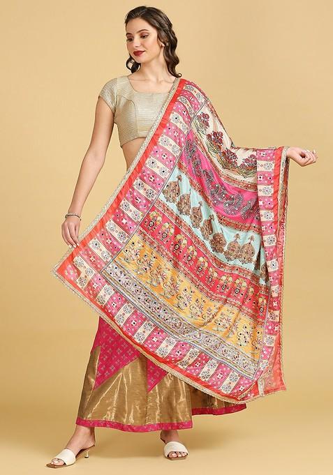 Ethnic Motifs Printed Mirror Work Detailed Chinon Dupatta