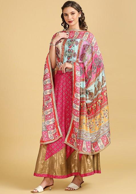 Ethnic Motifs Printed Mirror Work Detailed Chinon Dupatta
