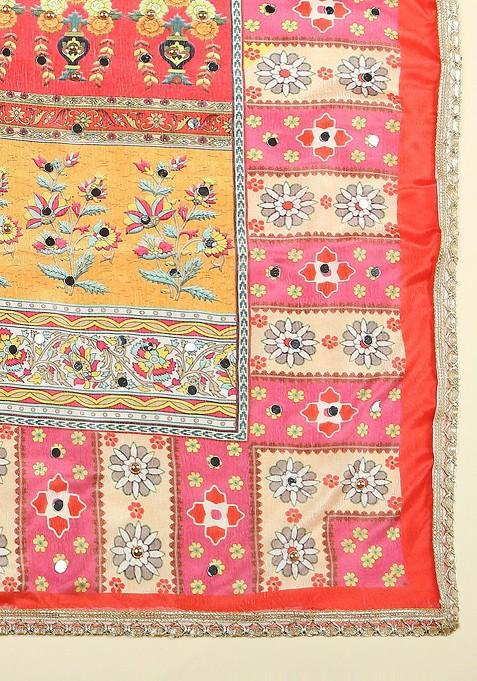 Ethnic Motifs Printed Mirror Work Detailed Chinon Dupatta