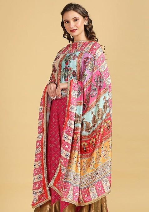 Ethnic Motifs Printed Mirror Work Detailed Chinon Dupatta