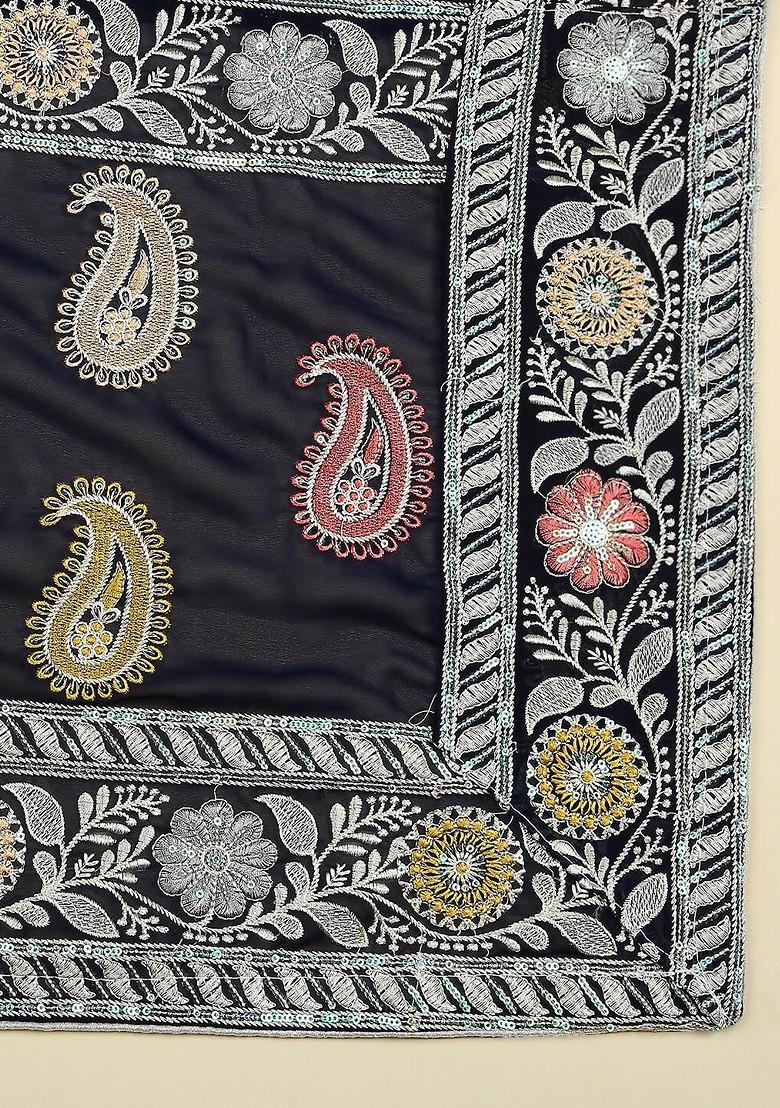 Floral Embroidered Georgette Dupatta With Sequinned