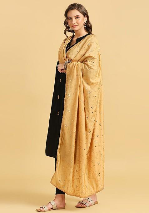 Floral Embroidered Pure Cotton Dupatta With Mirror Work