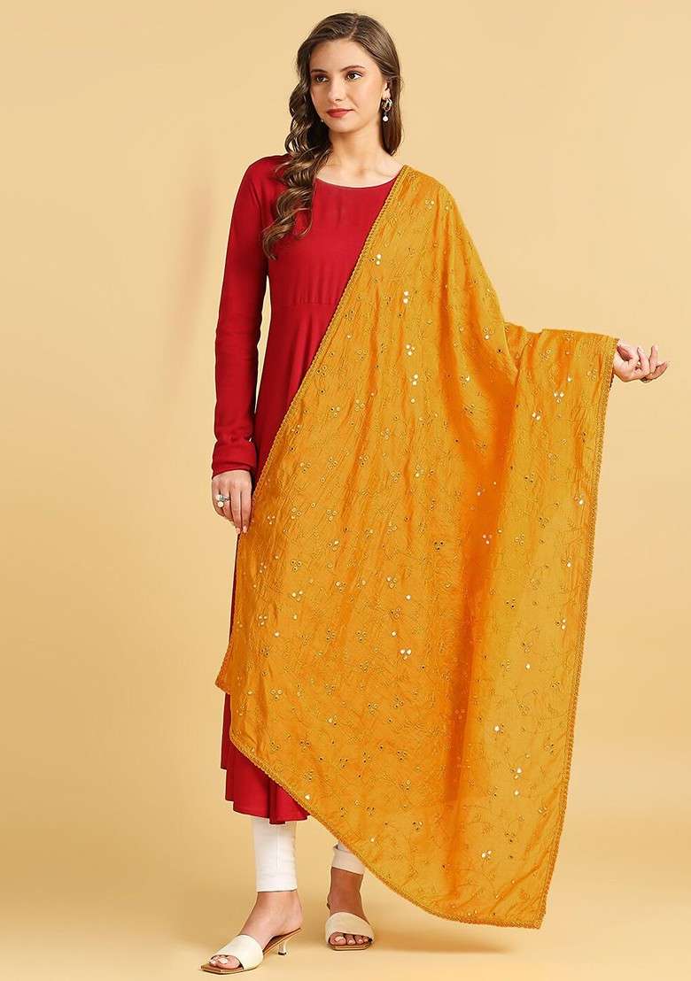 Floral Embroidered Mirror Work Pure Cotton Dupatta - Indya