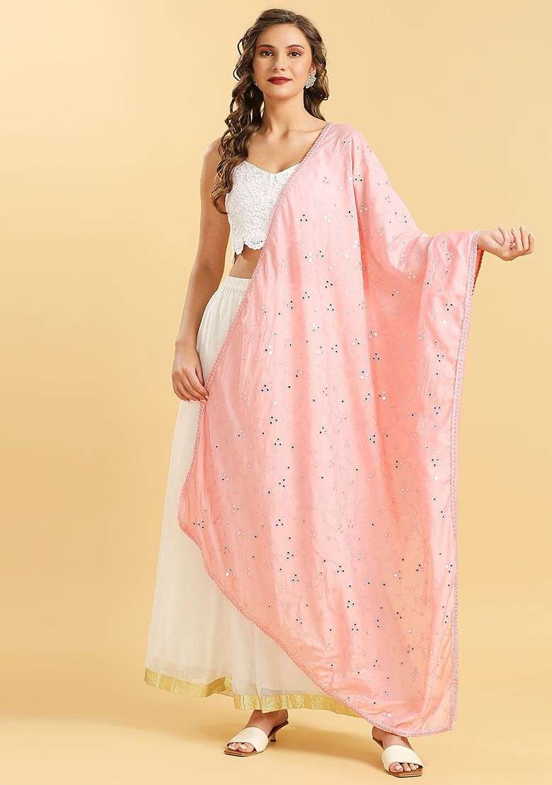 Floral Embroidered Pure Cotton Dupatta With Mirror Work - Indya
