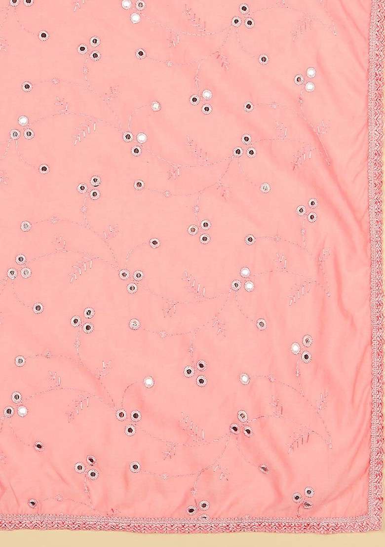 Floral Embroidered Pure Cotton Dupatta With Mirror Work - Indya