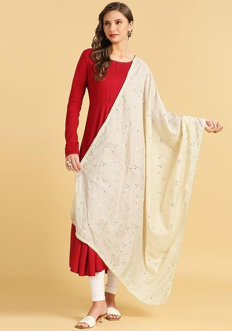 Embroidered Mirror Work Pure Cotton Dupatta