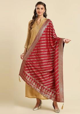 Ethnic Motifs Woven Design Embellished Zari Banarasi Silk Dupatta