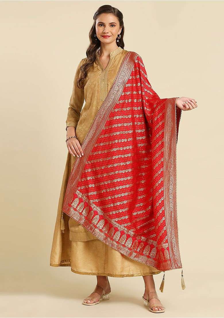 Woven Design Silk Dupatta With Zari - Indya