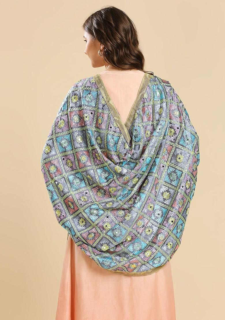 Ethnic Motifs Embroidered Phulkari Chiffon Dupatta