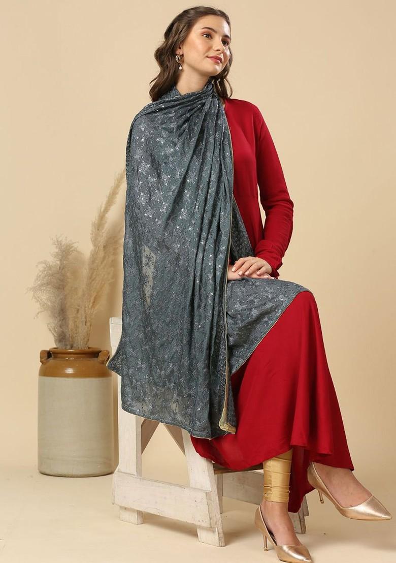 Ethnic Motifs Embroidered Chiffon Dupatta With Sequinned
