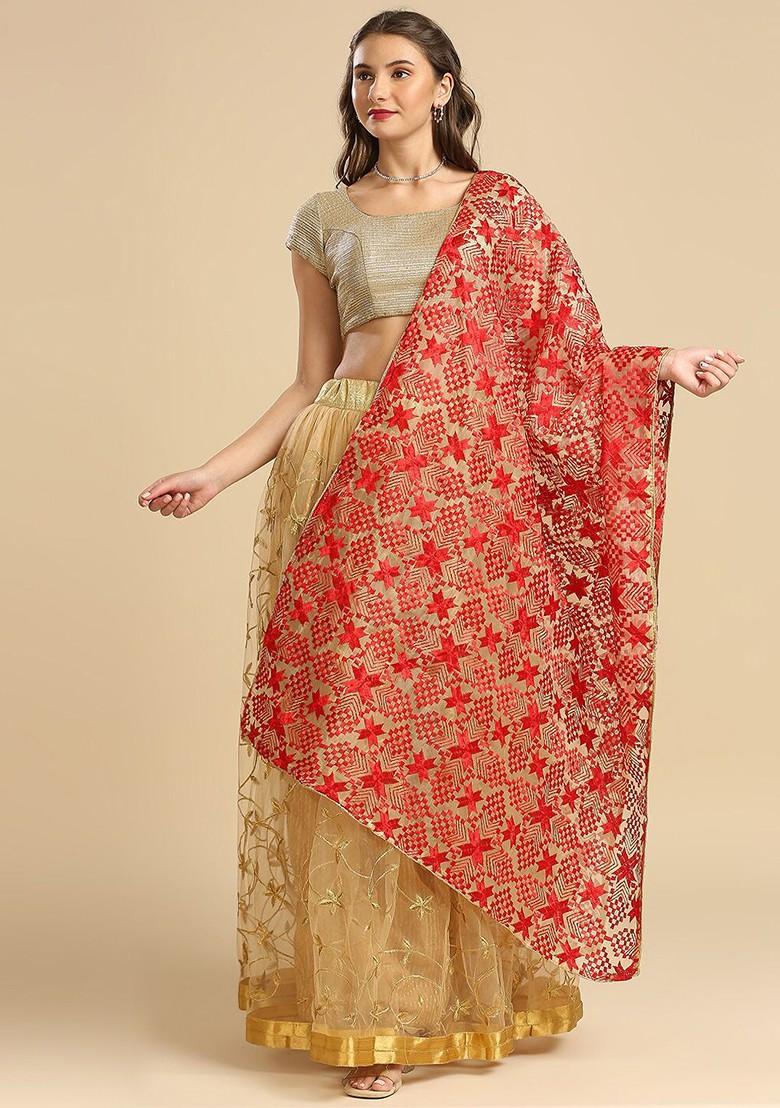 Geometric Embroidered Phulkari Organza Dupatta