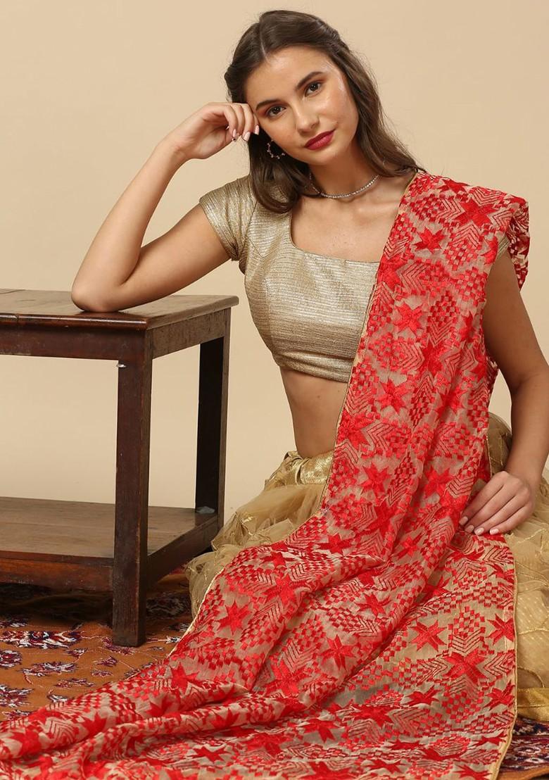 Geometric Embroidered Phulkari Organza Dupatta