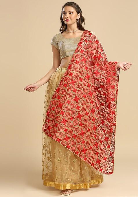 Geometric Embroidered Phulkari Organza Dupatta
